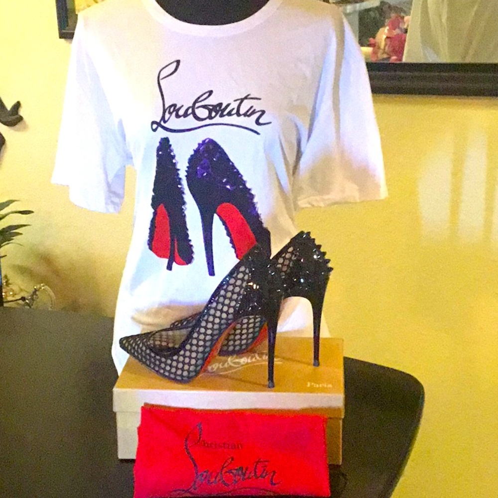 Christian Louboutin , spiked back, black Mesh,Patient Leather, webs (42)”12 🌹🌹 - Picture 1 of 7